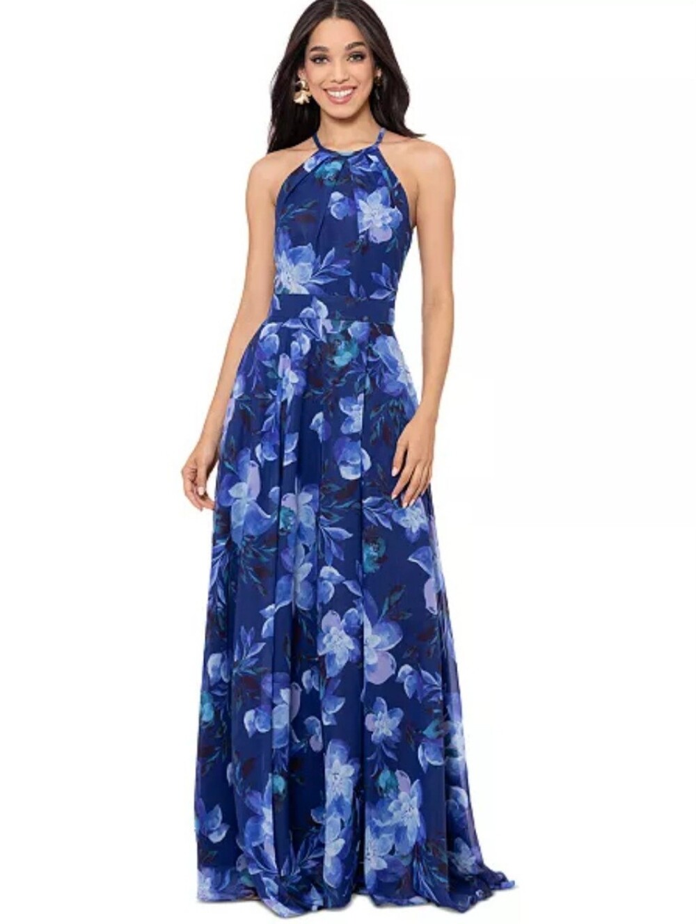$179 BA By Betsy and Adam Blue Floral Halter Maxi Evening Gown